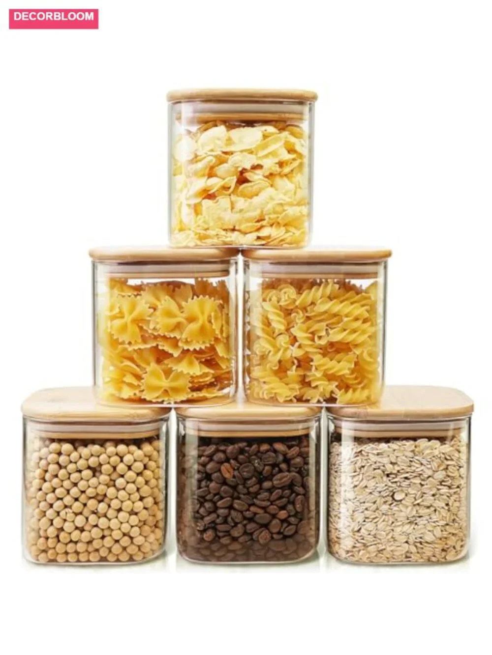 Set of 6 Square Glass Jars with Bamboo Lids, 27 oz Airtight Kitchen Canisters